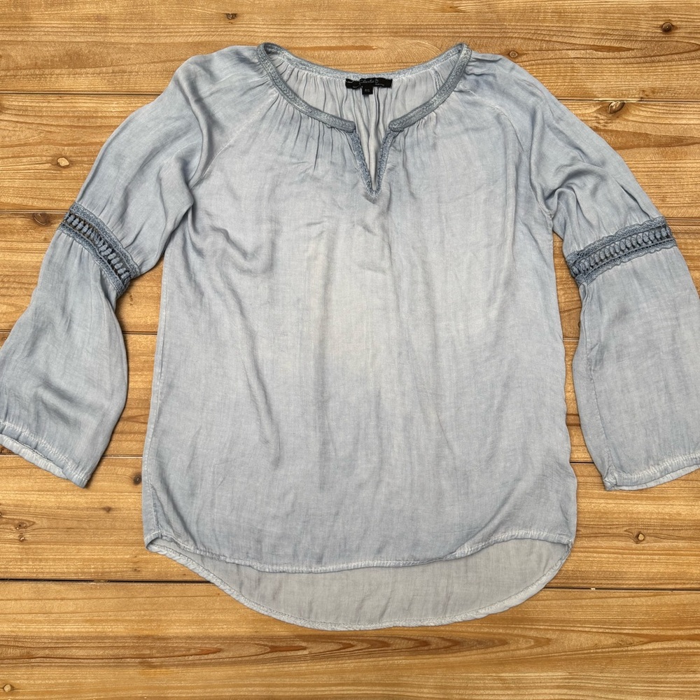 CHARLIE B Light Blue Boho Peasant Top with Embroidered Sleeve | Made in Italy